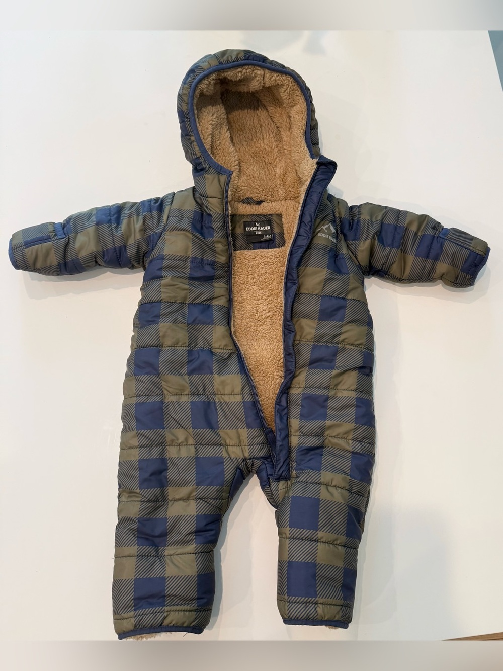 Eddie Bauer Tan Sherpa-Lined Navy Plaid Infant Bunting